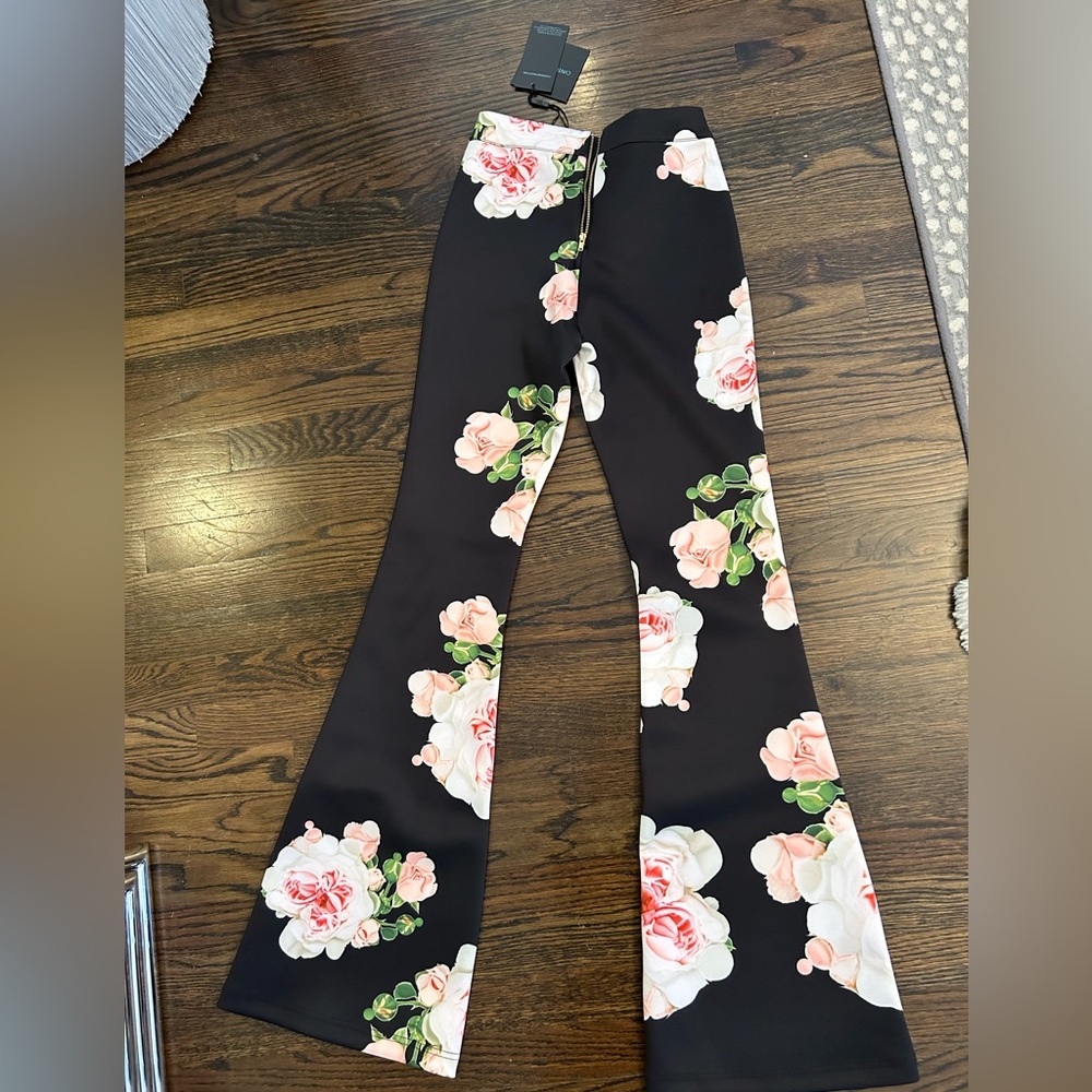 Cynthia Rowley Black Floral Boot-Cut Pants with Pink Rose Print - Picture 2 of 2